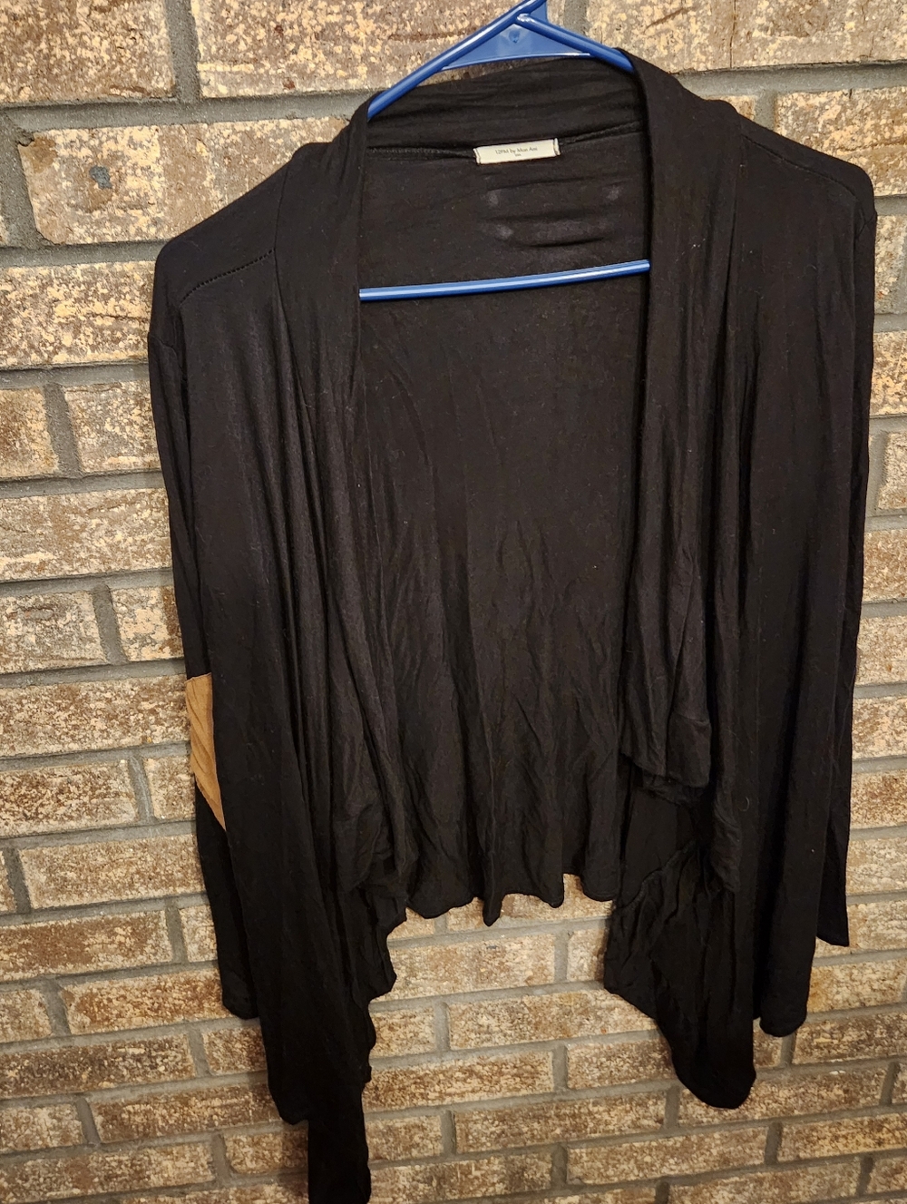 12 Pm By Mon Ami Black Draped Open-Front Cardigan with Tan Elbow Patch Size S/M